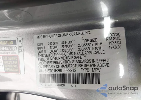 2020 Acura Rdx Standard from USA, damaged, VIN 5J8TC1H36LL022212